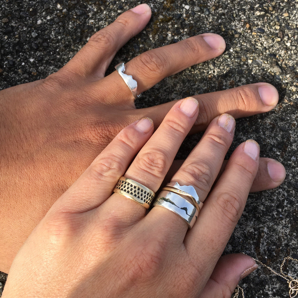 Each stacker mountain ring is handcrafted from your choice of recycled material and mountain range. This made to order mountain ring is designed for mountain lovers who want fun and versatility in their jewelry. 