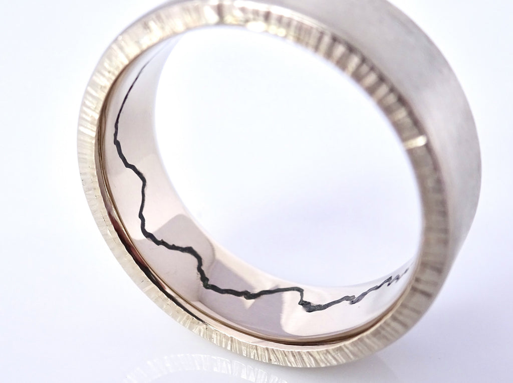 Each Hidden Gemstone Inlay Mountain Ring features textured edges and a comfort fit.