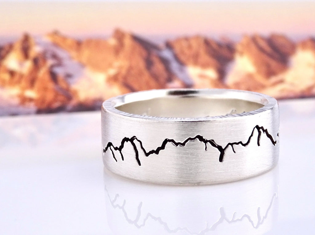 Each handcrafted Landscape Mountain Ring features your choice of recycled metal with your favorite mountain landscape