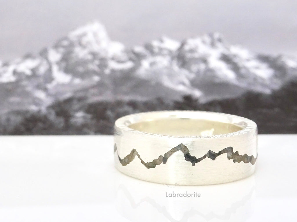 Personalized Gemstone Mountain Inlay Ring handcrafted with your choice of recycled material and precious gemstone.   Each personalized mountain ring made to order by Michelle Lenáe Jewelry, original mountain inspired designs in Seattle WA.