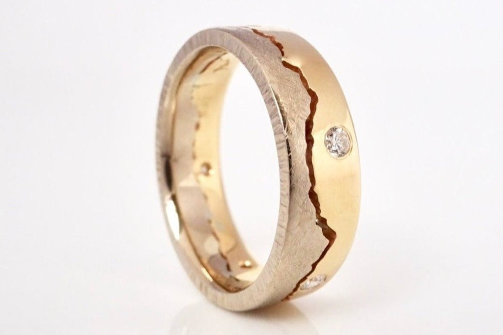 Custom Diamond Mountain Wedding Ring with yellow and white gold