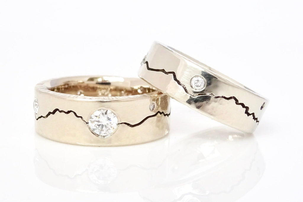 Modern Mountain Ring Wedding Set featuring diamond accents to give a true one of a kind look