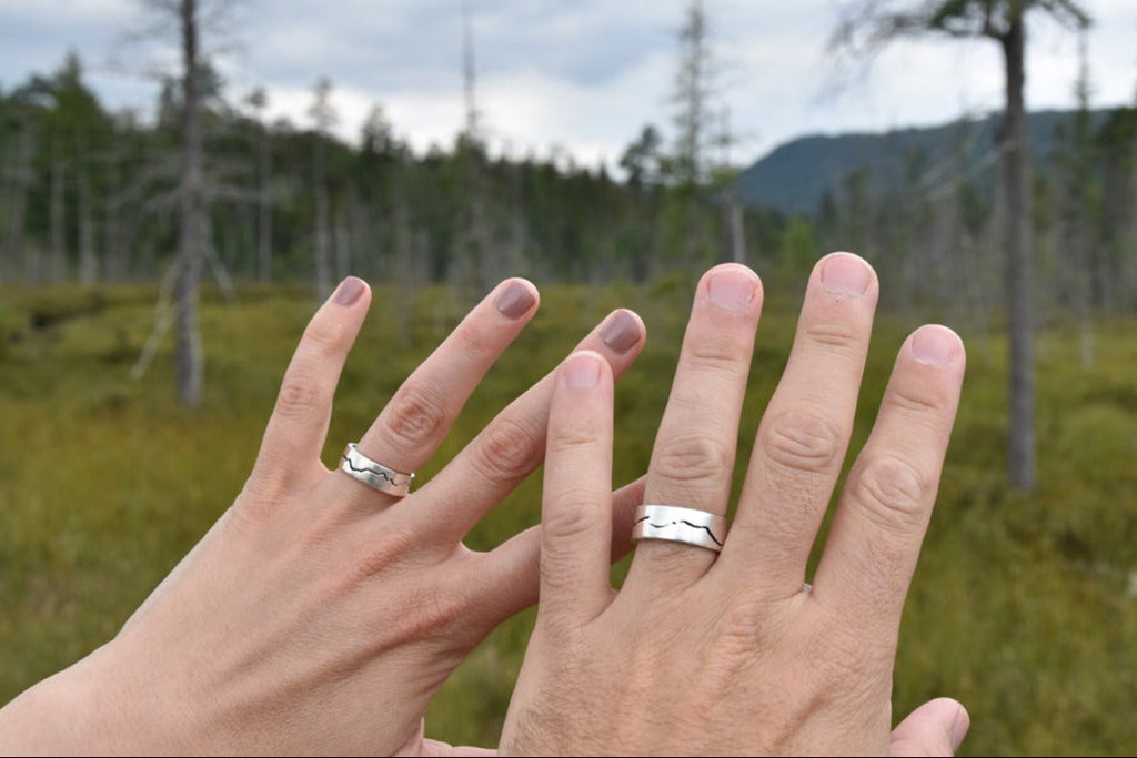 Mountain Wedding Bands in the wild.  Two sterling silver mountain rings with the favorite mountains.   