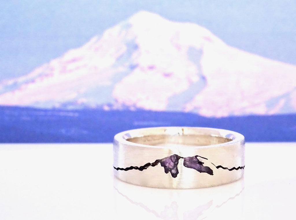 Mt Hood Summit Ring with Amethyst inlay.   Made to order from Seattle WA