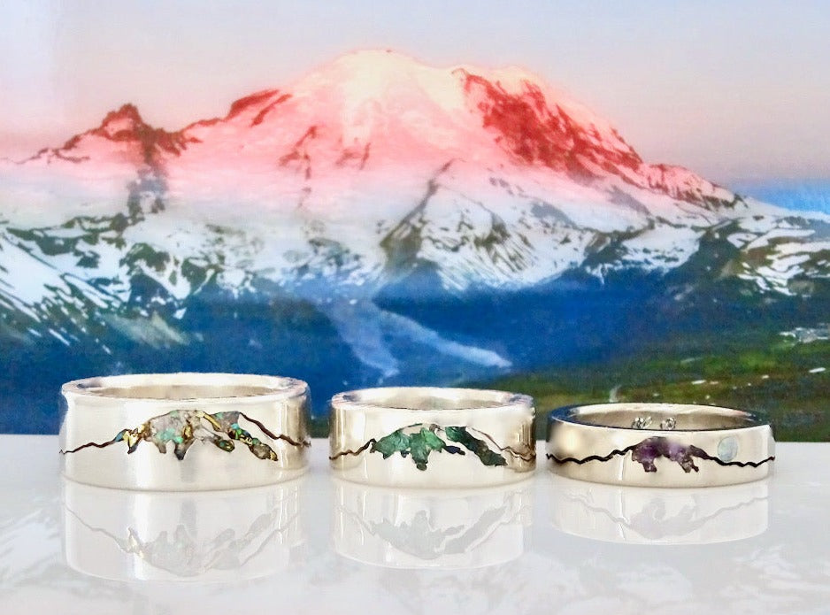 Rainier Summit Inlay Rings are available in your choice of 8, 7 & 6mm.   