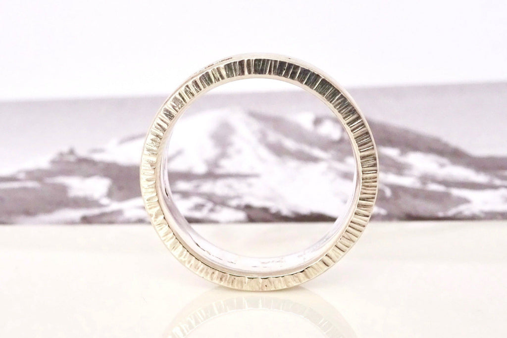 Close-up of Rainier Summit ring highlighting hammered texture 