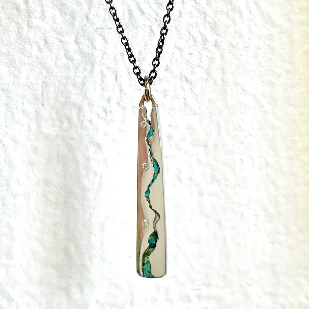 Skinny Mountain Tag Necklace handcrafted in recycled sterling silver with turquoise inlay and 3 set diamonds