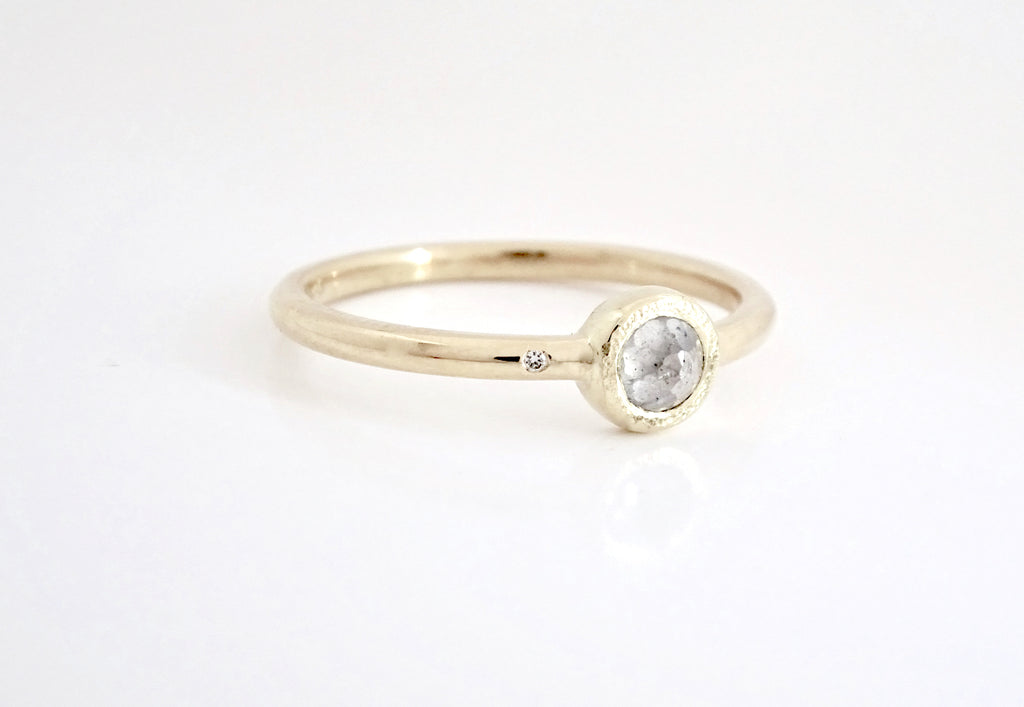 Rosecut Solitaire Ring w/14k white gold polished round band with single .8mm diamond accent
