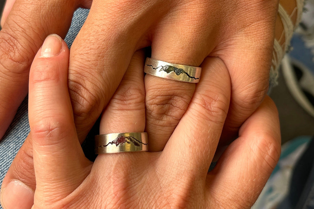 Custom mountain ring set in 14k gold and sterling silver – handmade by Michelle Lenae Jewelry