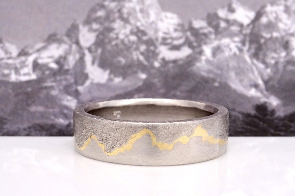 Teton Gold Inlay Mountain Ring in recycled platinum and 22k yellow gold.  Each ring contains a comfort fit.