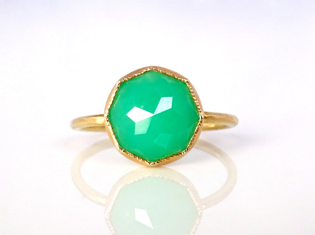 Chrysoprase Stacker Ring with signature faceting and handcrafted in recycled 14k yellow gold