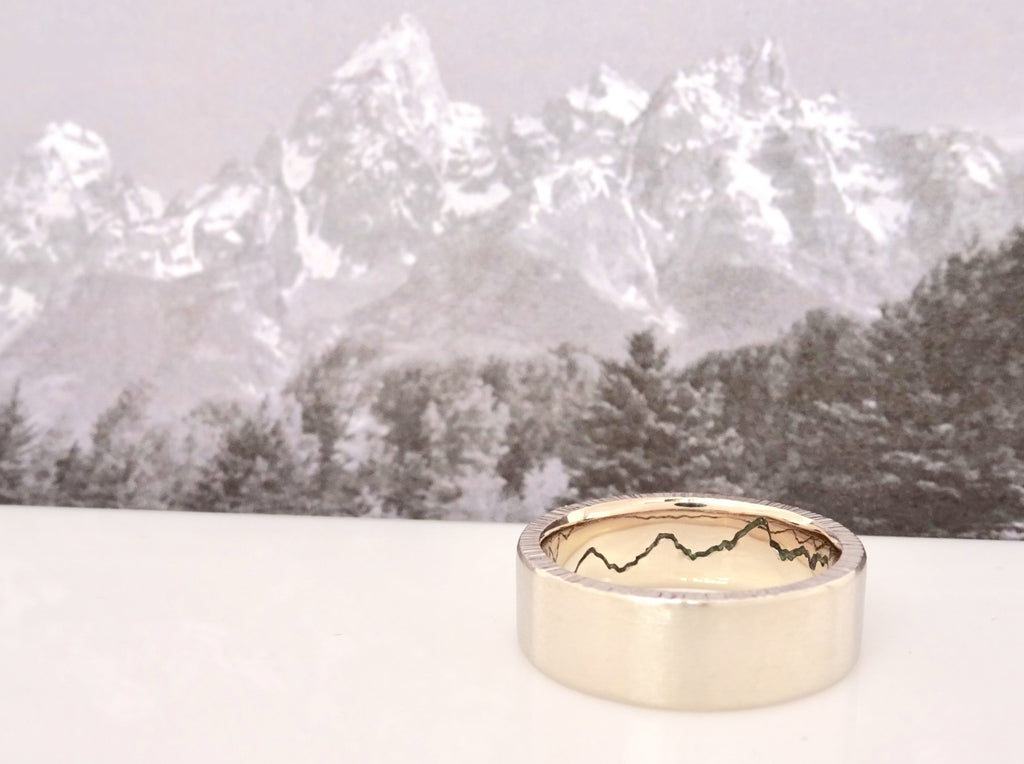 Teton inspired 14k Yellow Gold Hidden Gemstone Mountain Ring with Green Onyx.